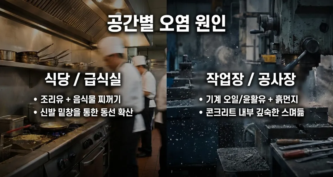 바닥 기름때가 지워지지 않을 때, 일반 청소보다 특수청소가 필요한 이유