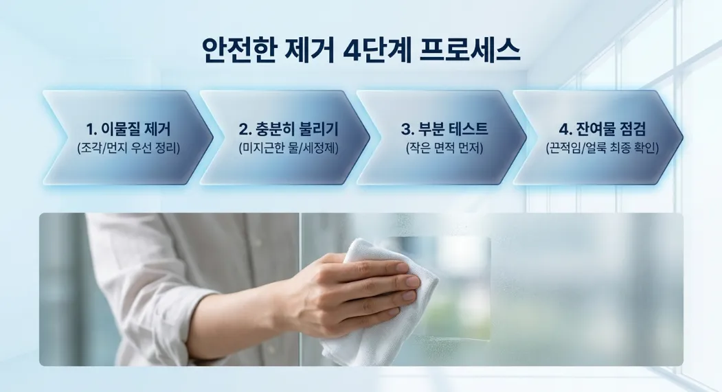 상가 유리창 테이프 자국 제거, 오래된 접착제 지우는 방법과 주의 사항 현장 사진 2