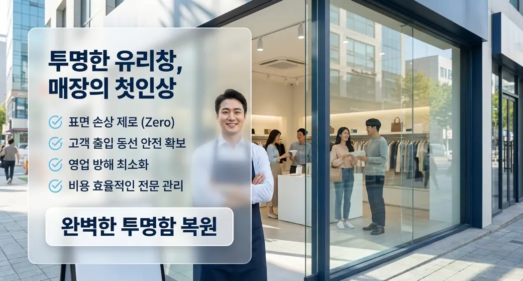 상가 유리창 테이프 자국 제거, 오래된 접착제 지우는 방법과 주의 사항 현장 사진 3